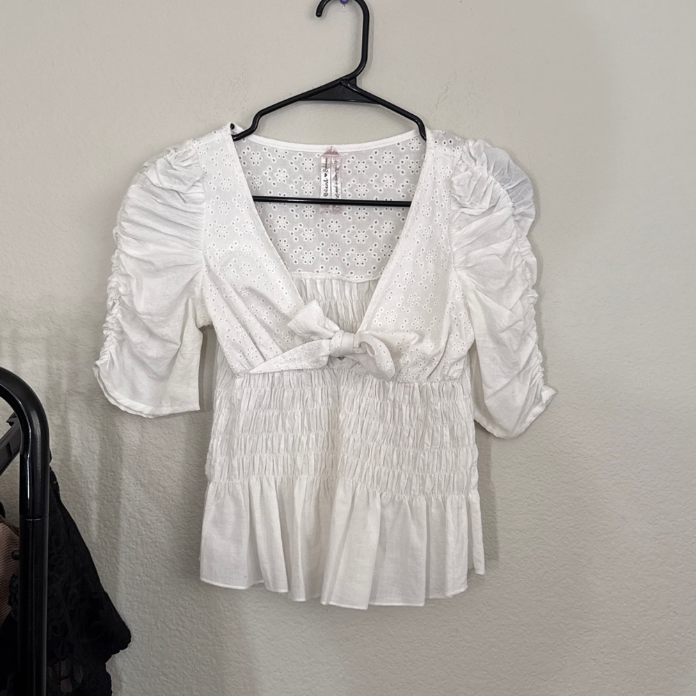 White bow tie coquette short sleeve blouse knit farm house blouse 100% cotton